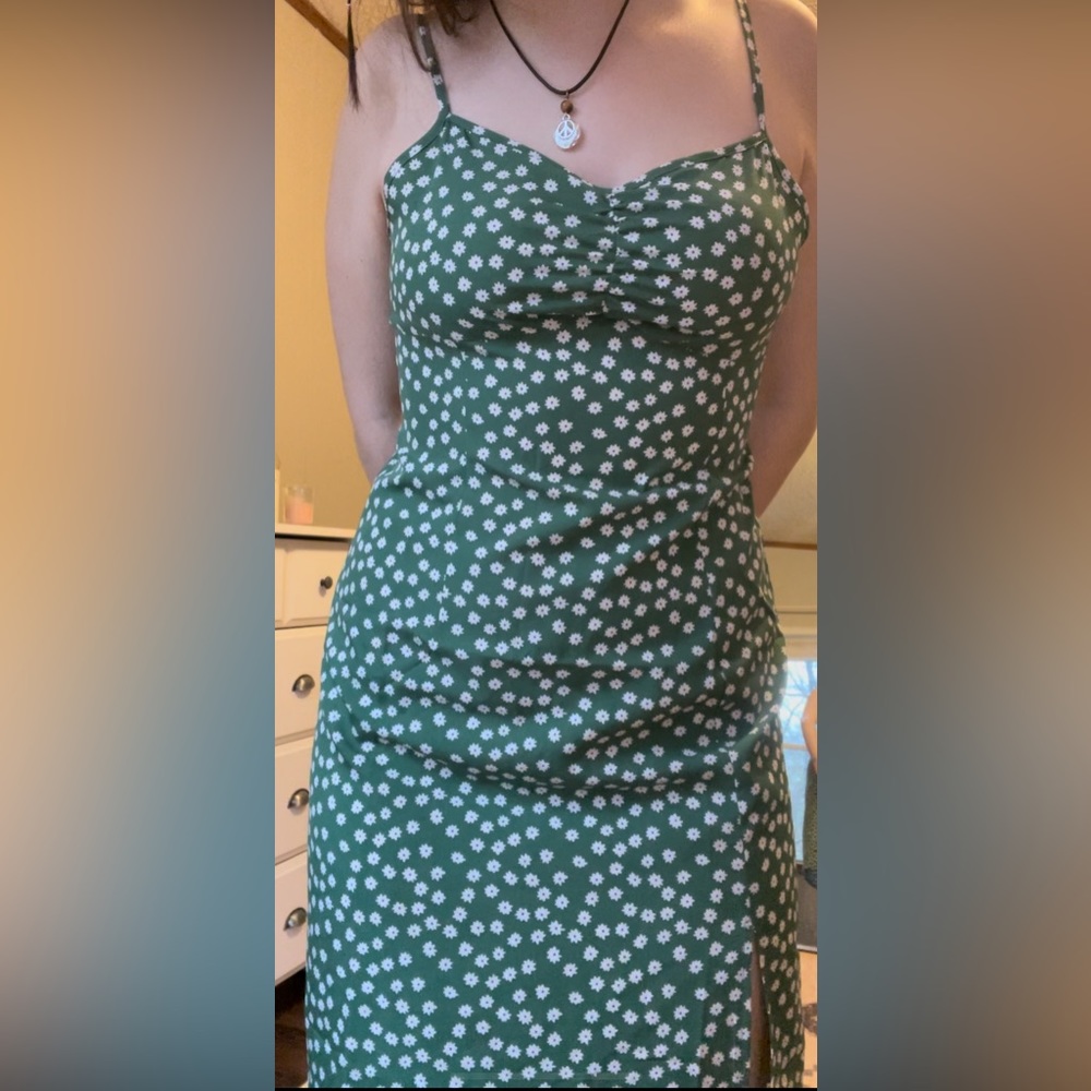 Medium, green, floral dress.